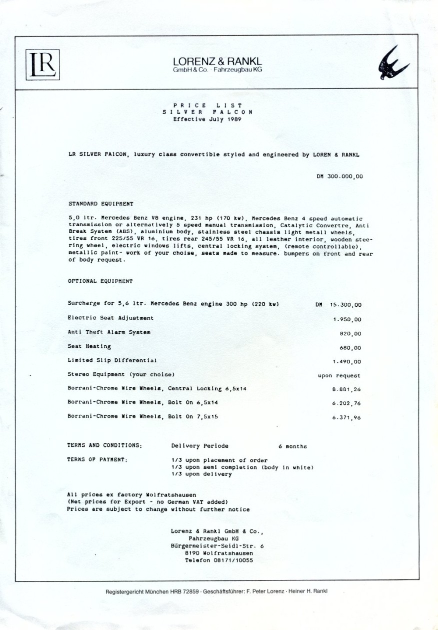 Preisliste Lorenz & Rankl Serie I Juli 1989