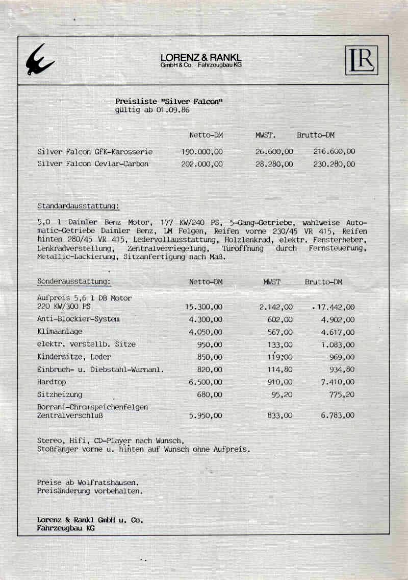 Lorenz & Rankl Preisliste Serie 1 September 1986